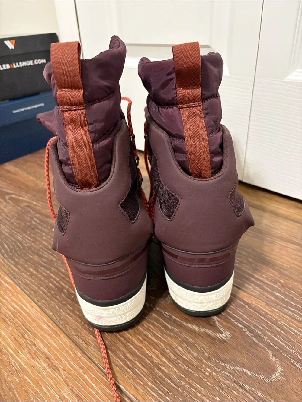 Adidas by Stella McCartney Burgundy Winter Lace-Up Boots with Orange Laces